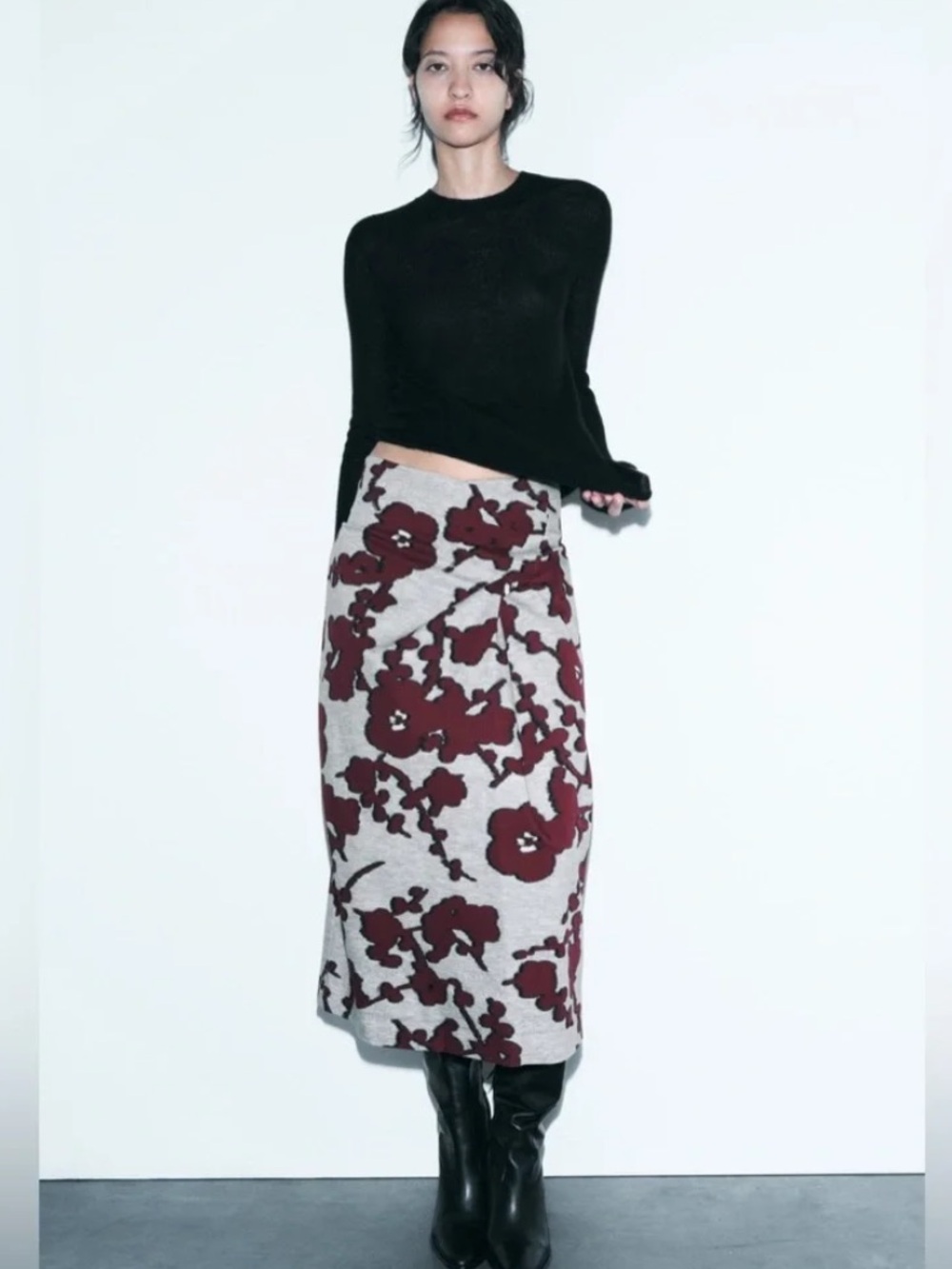 Romantic 90s Minimalist Burgundy Floral High Waist Wrap Midi Skirt Fall 2026